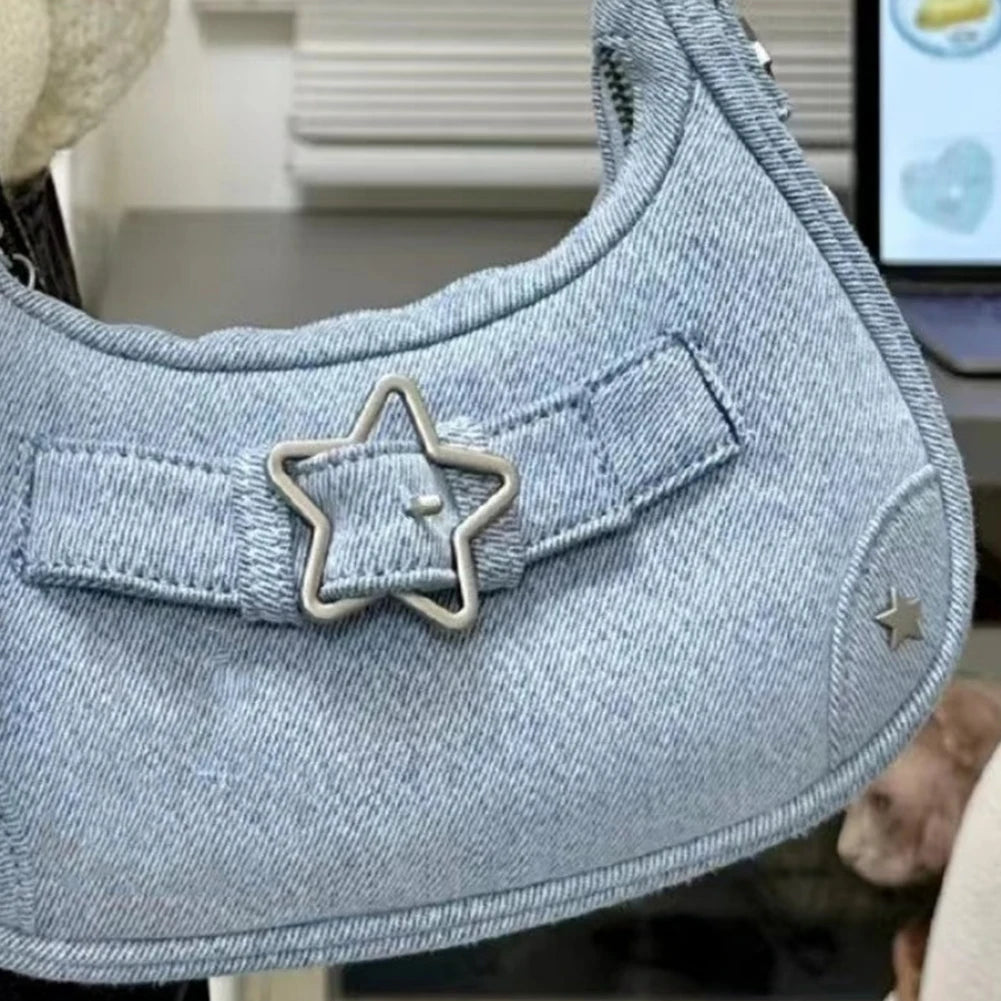 Women Shoulder Handbag Vintage Y2K Casual Hobos Zipper Star Decor Solid Color Gift for Girls Ladies Purse Tote Bag
