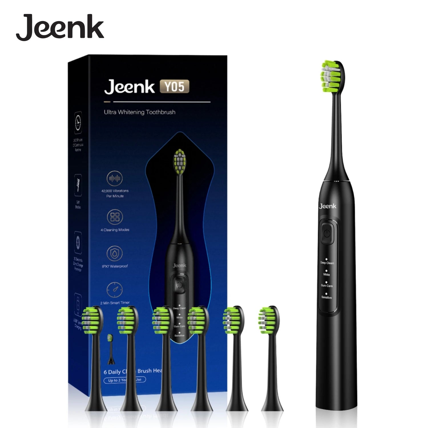 Jeenk JK-Y05 Sonic Electric Toothbrush 4 Modes USB Charger with 6 Replacement Heads Smart Timer Waterproof Soft Bristles Adult