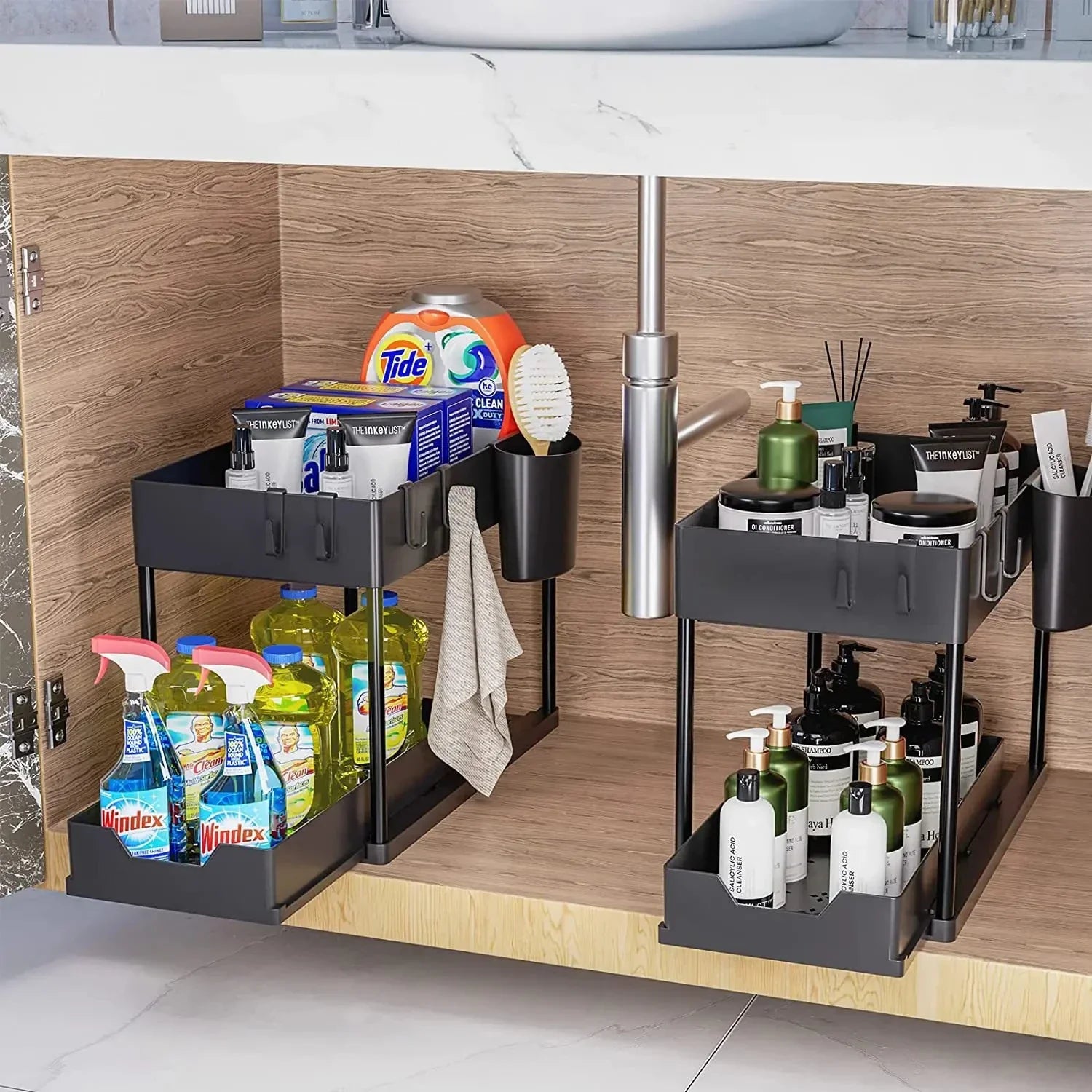 2 Tier Under Sink Organizer Sliding Cabinet Basket Organizer Storage Rack with Hooks Hanging Cup Bathroom Kitchen Organizer