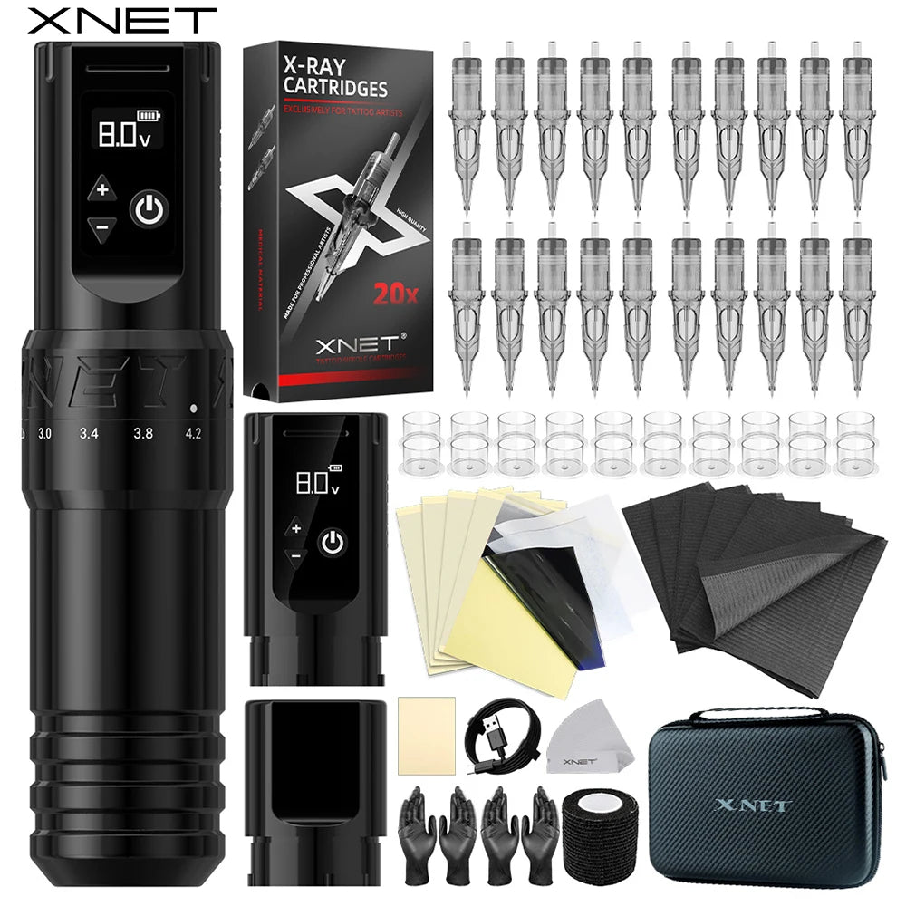 XNET T1 Wireless Tattoo Machine Pen Full Completed Kit Adjustable Stroke Custom Motor Makeup Pen 20pcs Cartridges For Tattoo Art