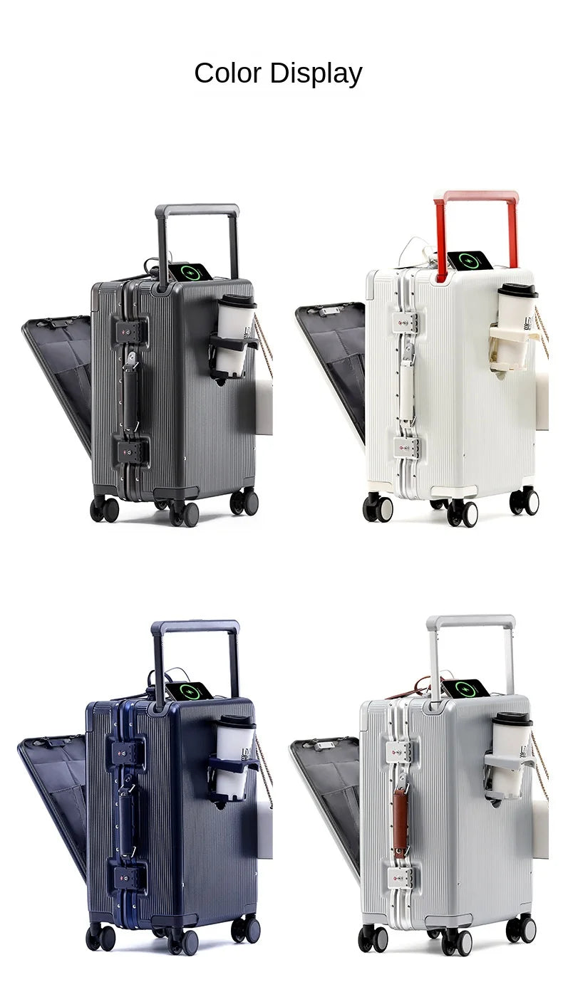 24"26 Inch Travel Suitcase Aluminum frame Wide Trolley Case Carry-on Luggage with Cup Holder 20Inch Boarding Box Rolling Luggage