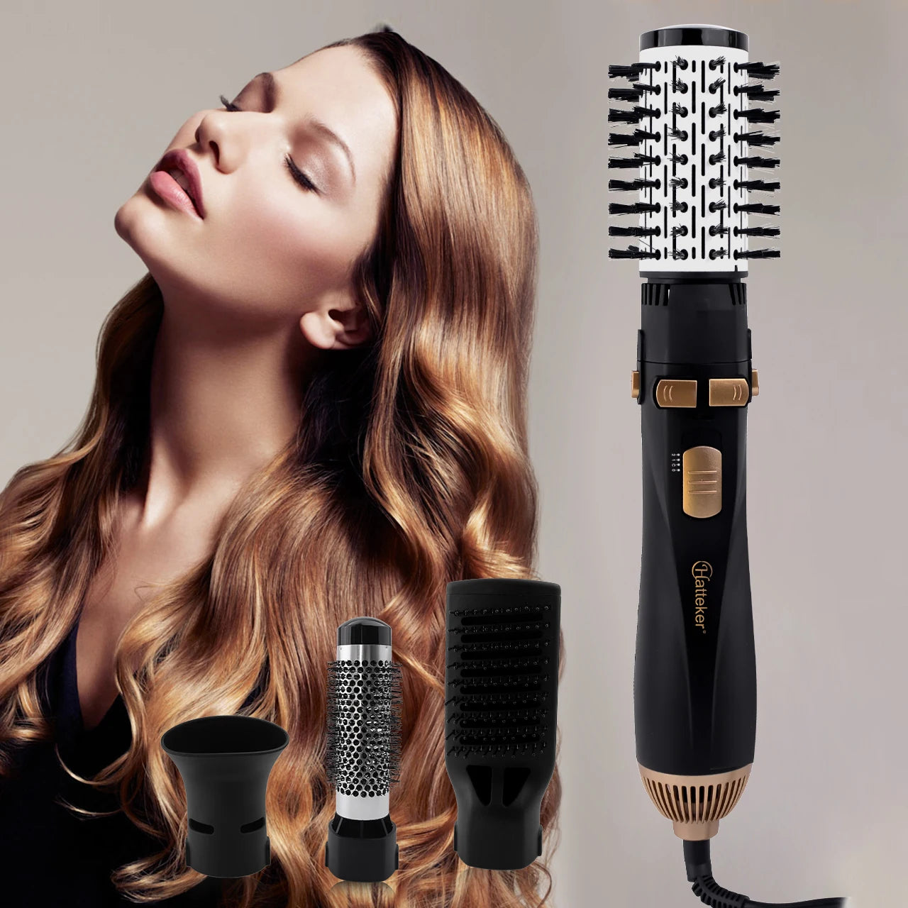 Hatteker EU 4-Head Hot Air Brush Hair Dryer Strong Wind Electric Straightener Curler Roller Comb Blower Styling Tool for Woman