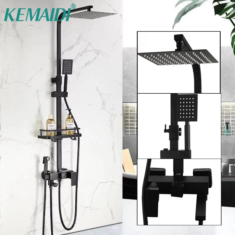 KEMAIDI Rainfall Bathroom Shower Faucet Set With Rack Shelf Bathtub Mixer Tap Black Wall Mounted Brass Bath Cabin System
