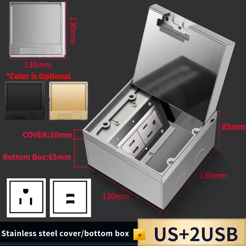 Modern Flat Floor Socket 130mm- Embedded with USB Ports, 304 Stainless Steel - Waterproof Integration with Marble Flooring