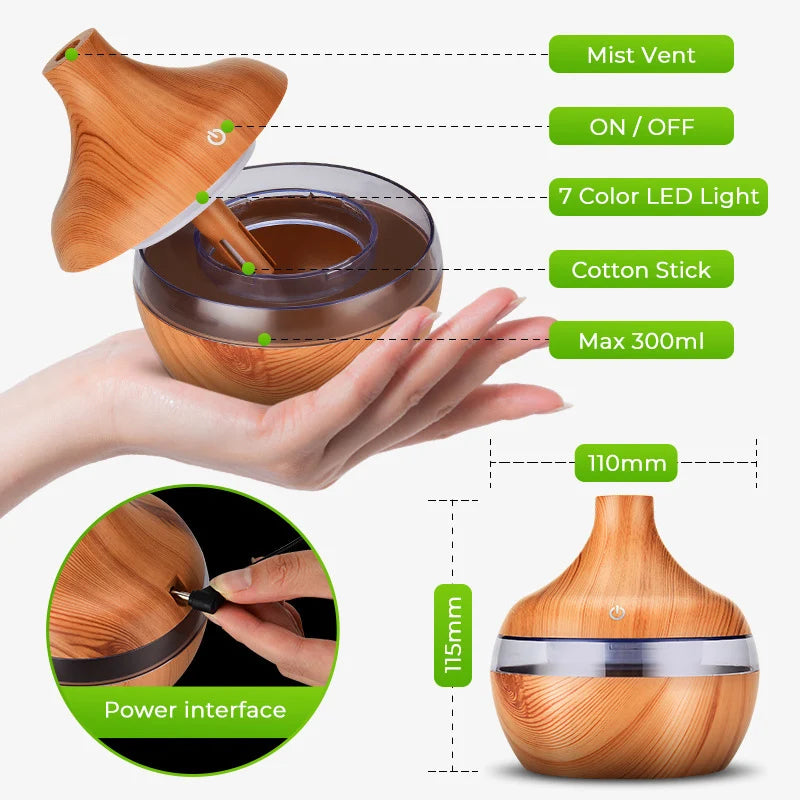 300ML Air Humidifier Essential Oil Aroma Diffuser Home Ultrasonic Wood Grain humidificador USB Mist Maker umidificador purifier