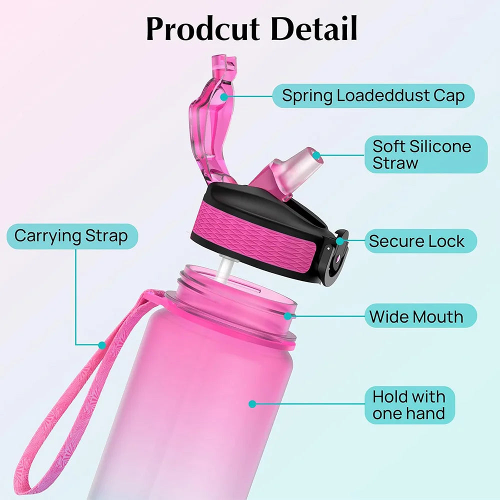 1L Gradient Color Motivational Sports Water Bottle with Time Marker Water Bottle with Straw for Office Exercise Gym Outdoor