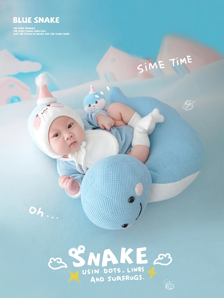 Baby Photography Clothes Cartoon Knitted Jumpsuit With Tail+Hat+Dolls 4pc/Set Newborn Costume Cute Snake Toy Pillow Accessories