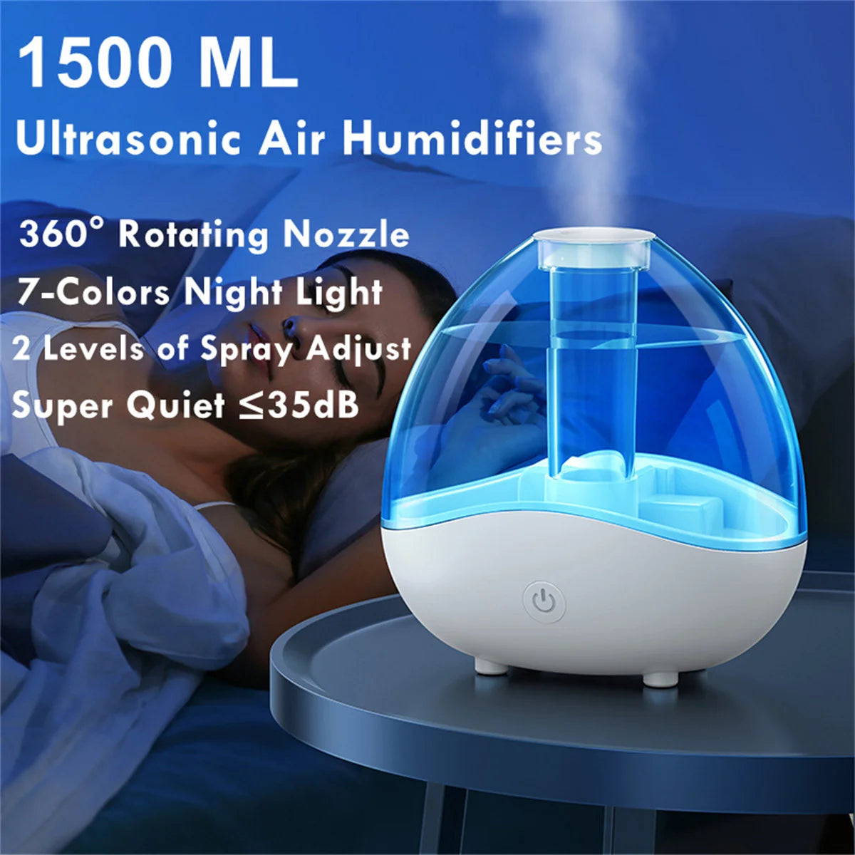 1500ML/50.73oz  Air Humidifiers Large Capacity 360 Rotation Nozzle，Auto-Shut Off, USB Humidifier With 7-Colors Night Lights