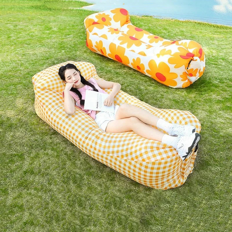 Outdoor Lazy Non Inflatable Sofa Folding Portable Air Cushion Bed Picnic Camping Yellow White Air Bed