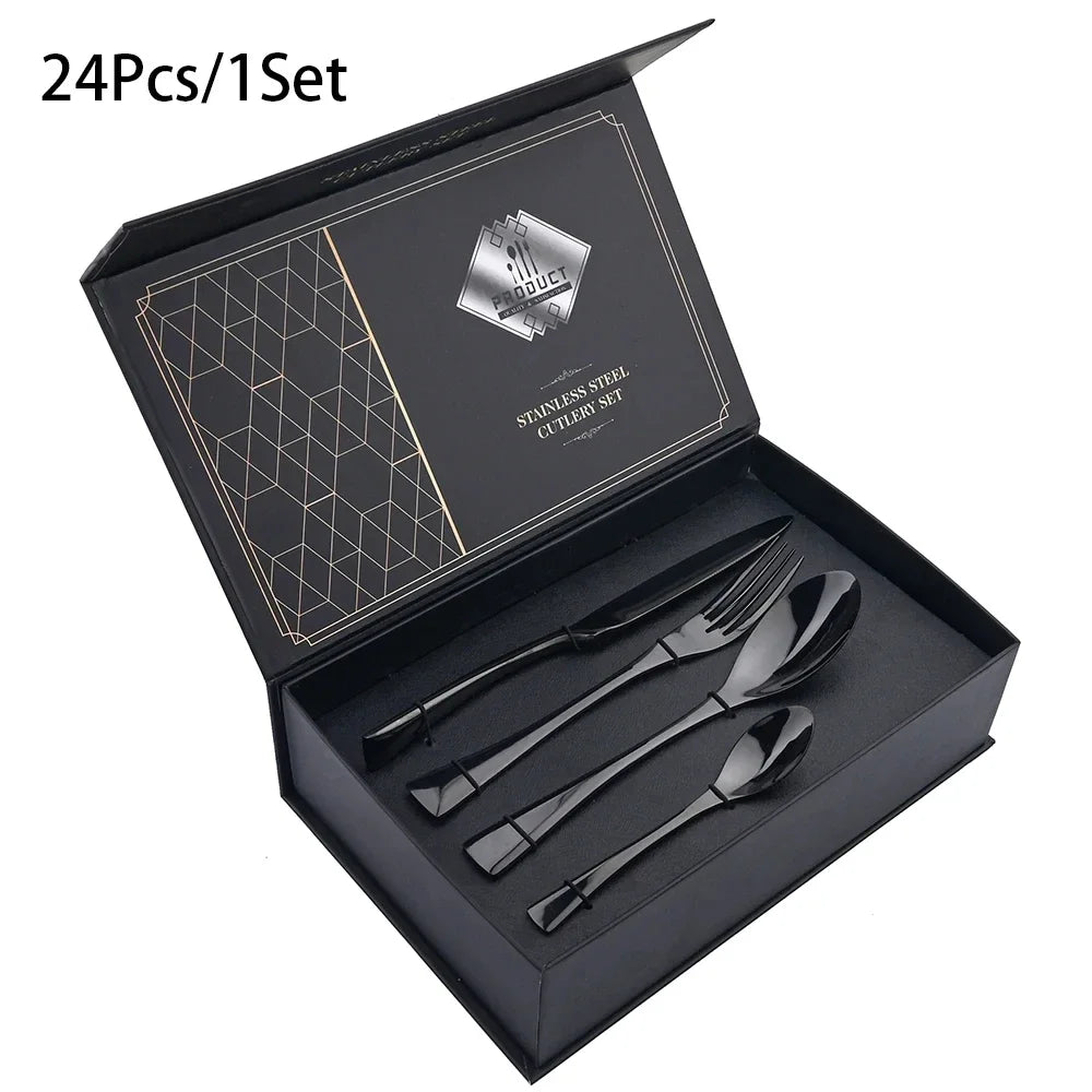 24Pcs/Set  Cutlery Sets 304 Stainless Steel mirror Tableware Knife Forks Spoons Silverware Dinnerware Kitchen Flatware Gift Box