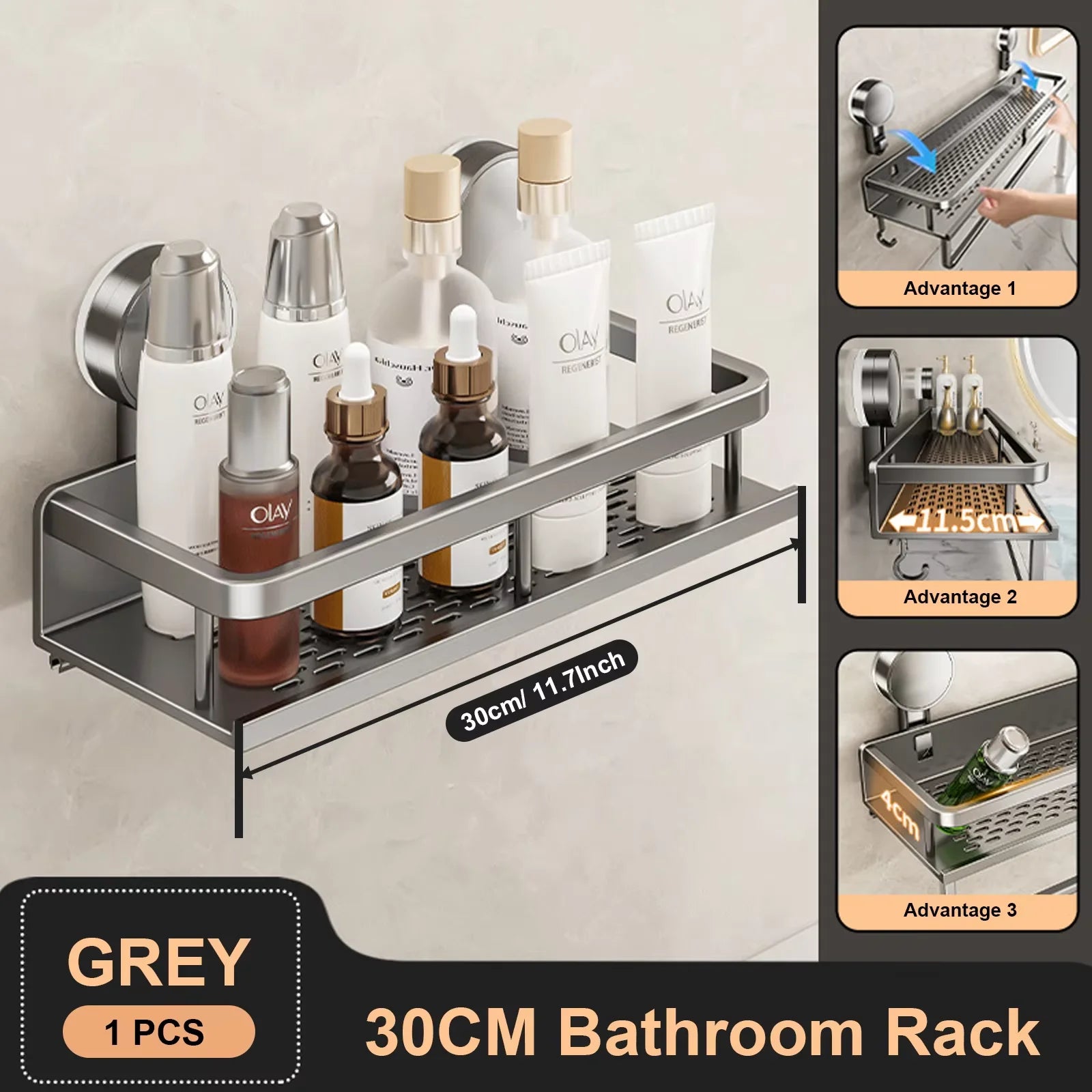 Space Aluminum Suction Cup Bathroom Rack No-punch Wall Mount Shower Storage Shelf Large Capacity Strong Load-bearing