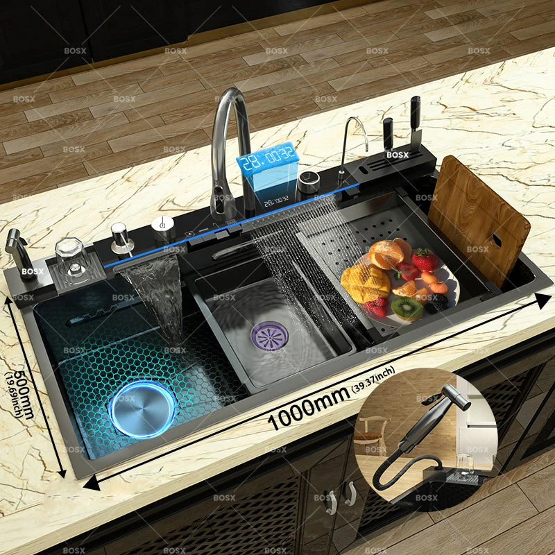 Kitchen Sink Stainless Steel Waterfall Sinks Extra Large Single Slot with Digital Display Faucet Set For kitchen