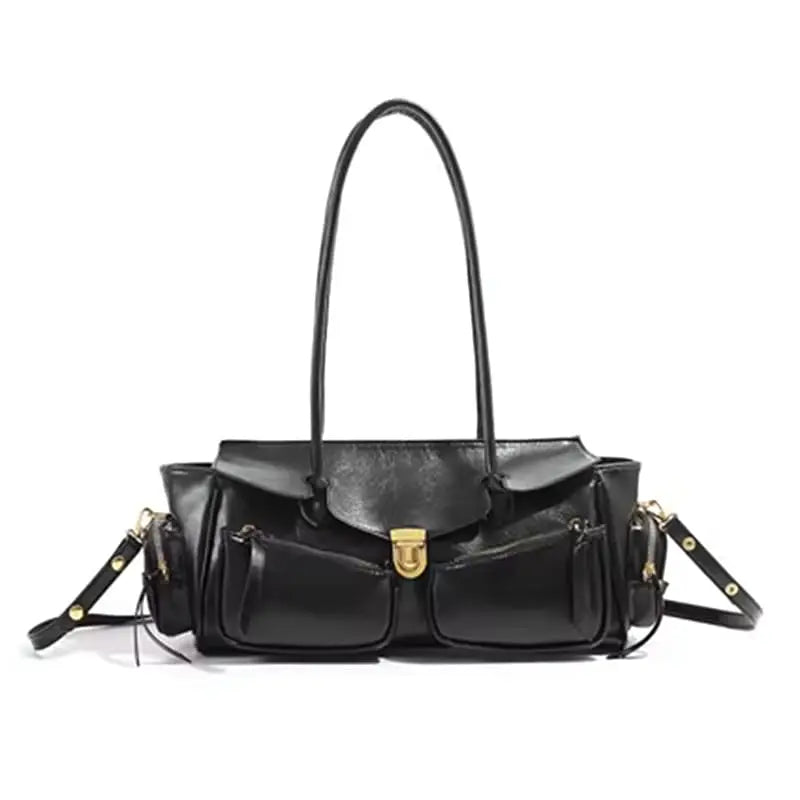 Y2K Style Large Bowling Bag Chic Boston Handbag Solid Color Motorcycle Crossbody Shoulder Bag Women's Vintage Underarm Bag