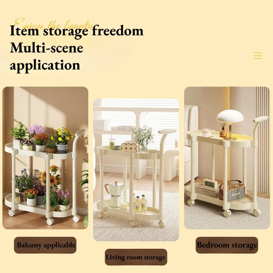 Cream Style Coffee Table Cart Creative Double-layer Snack Rack Bedroom Living Room Mobile Side Table Bedside Table Storage Rack