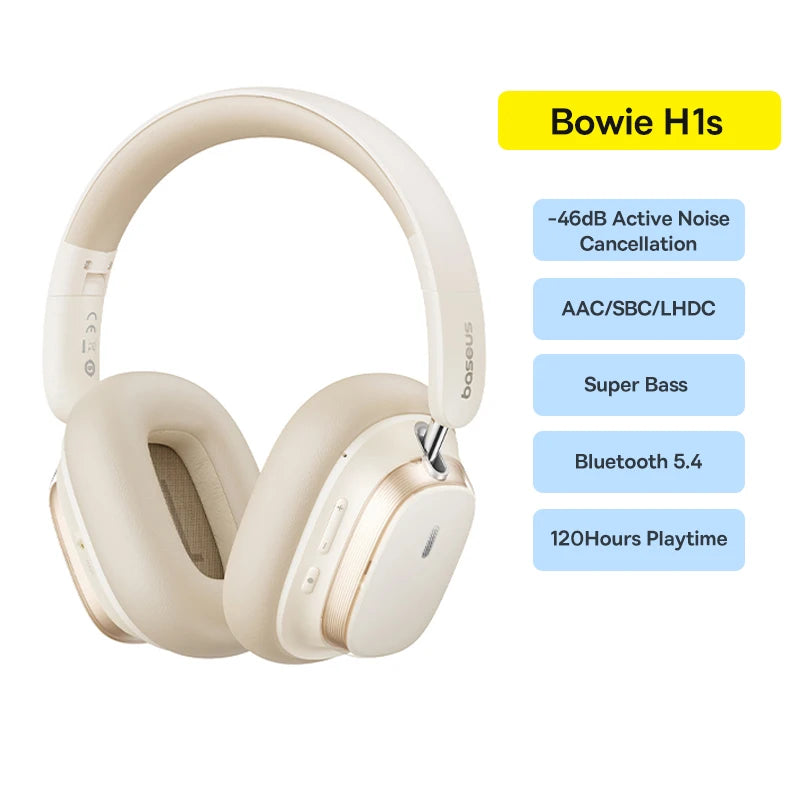 Baseus Bowie H1s Wireless Headphones Bluetooth 5.4 Noise Canceling 46dB Over Ear Headset Hi-Res Spatial Audio Earphone 120H Time