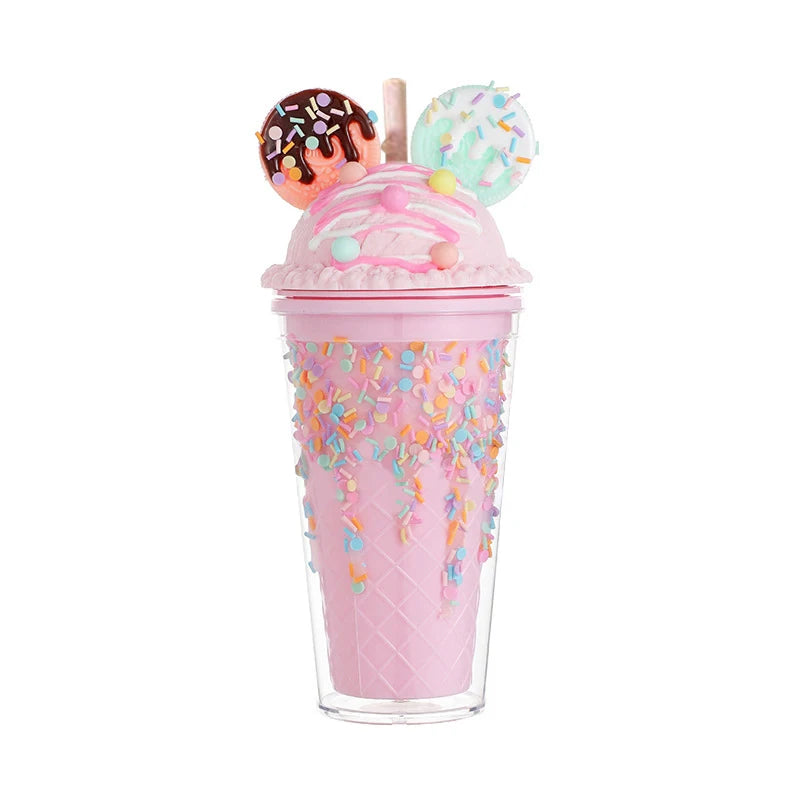 450ml Cute Straw Cup,Ice Cream Lids for Stanley Tumbler,Reusable Plastic Cups,Summer Drinkware Cold Brew,Girl Water Bottle Gift
