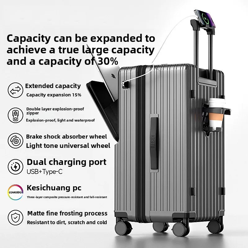 KLQDZMS Cabin Suitcase 20"22"24"26"28"30 Inch Large Capacity Trolley Case USB Charging Boarding Box Front Opening Luggage