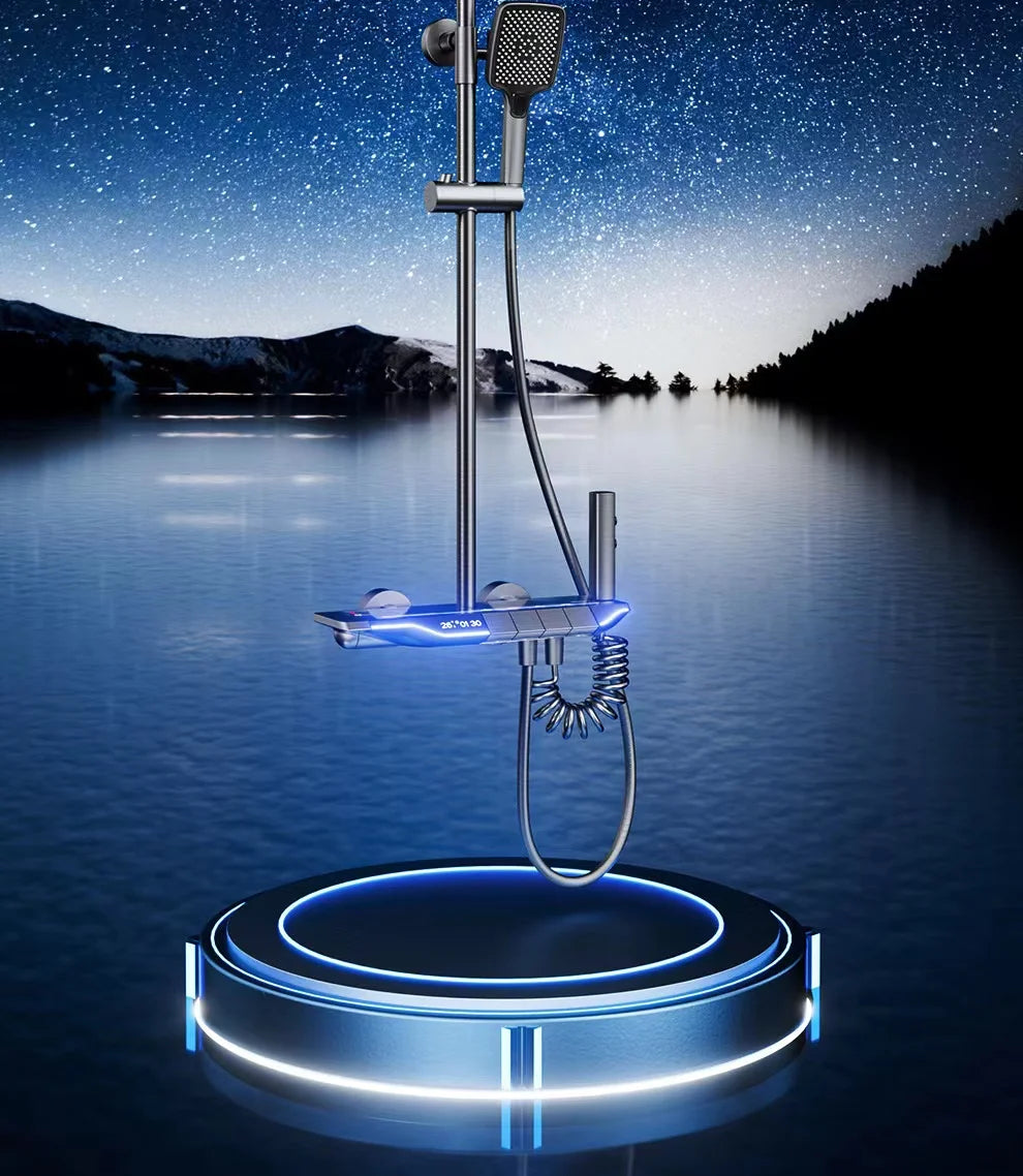 Luxury Wall Mounted Smart Button Digital Display Shower Set Thermostat System Glass Countertop Bathroom Brass Rain Shower Set