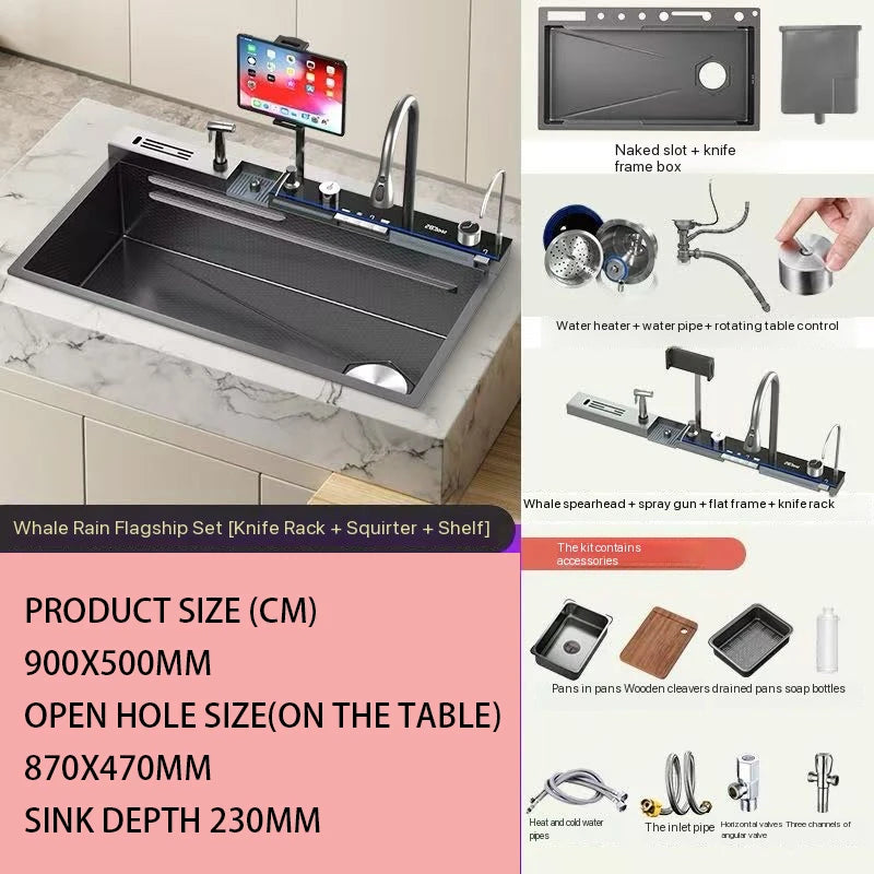 Stainless Steel Kitchen Sink with Faucet Digital Display Large Single Bowl Waterfall Rain 5 Functions System Dish Basin Sink