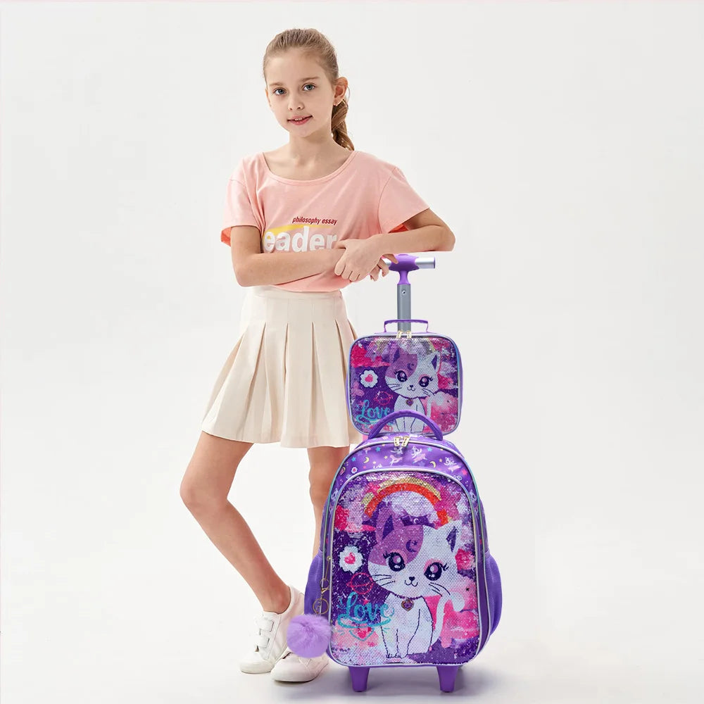 3PCS set Rolling Backpack For Girls, Cute Cartoon Cat Sequin Wheeled Bookbag For Elementary Students, With Lunch Box And Pen Bag