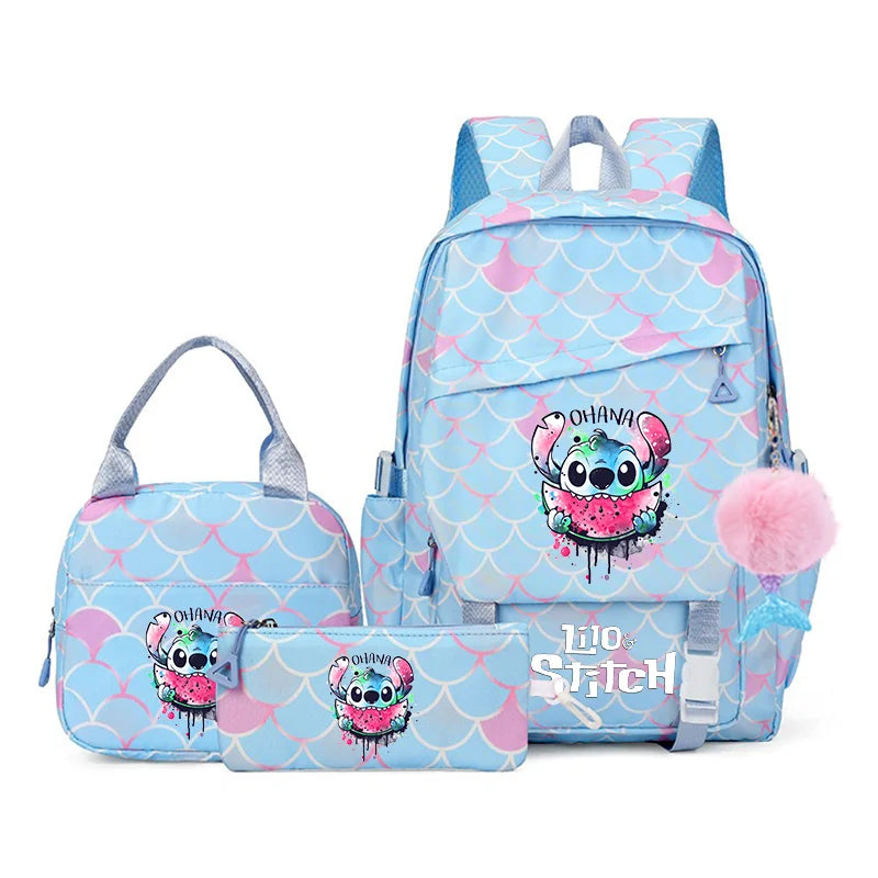 3Pcs Backpack Set Lilo Stitch Girl Kid Student Schoolbags Double Shoulder Bag Travel Pen Lunch Bag Kawaii Bookbag Laptop Bag Set