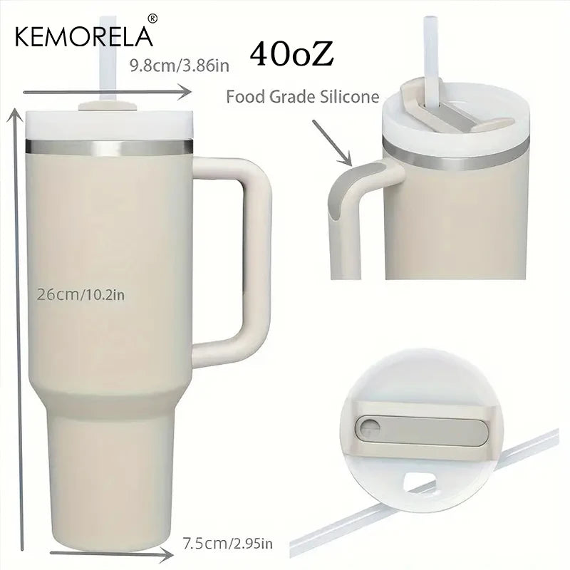 KEMORELA 1PC 900/1200ML Large Capacity Cold Cup Tumbler Stainless Steel Cup Straw Ice Cup Car Cup Handle Thermos Cup Drinkware
