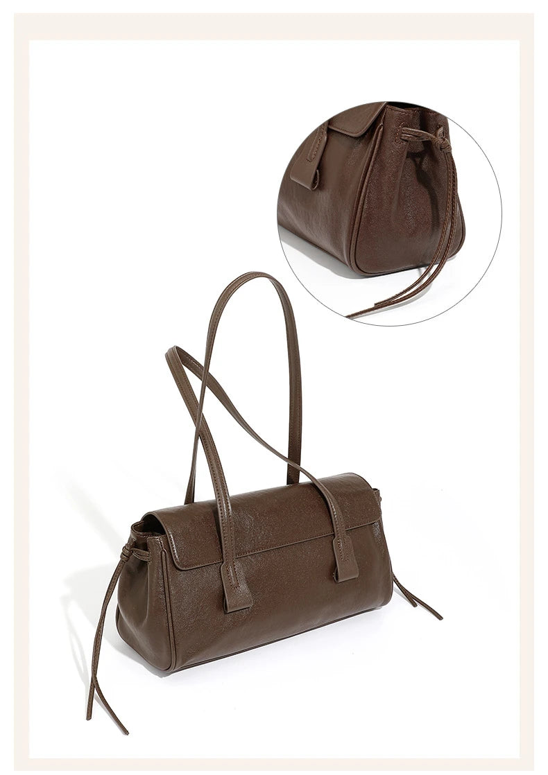 2025 New Genuine Leather Women's Shoulder Bag Large Capacity Cowhide Luxury Handbag Long Strip Black Baguette Bag Female