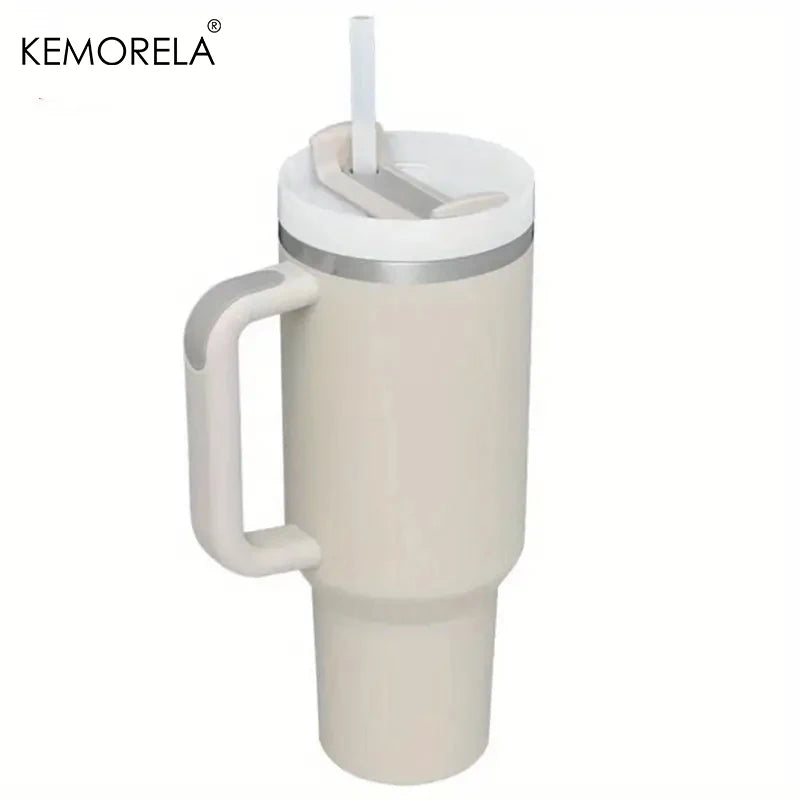 KEMORELA 1PC 900/1200ML Large Capacity Cold Cup Tumbler Stainless Steel Cup Straw Ice Cup Car Cup Handle Thermos Cup Drinkware