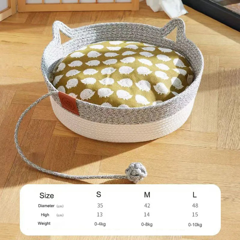 Japanese Pet Cat Bed Round Hand Woven Rattan Cat Beds Summer Cooling Kitten Basket Cotton Rope Cat Scratching Baskets