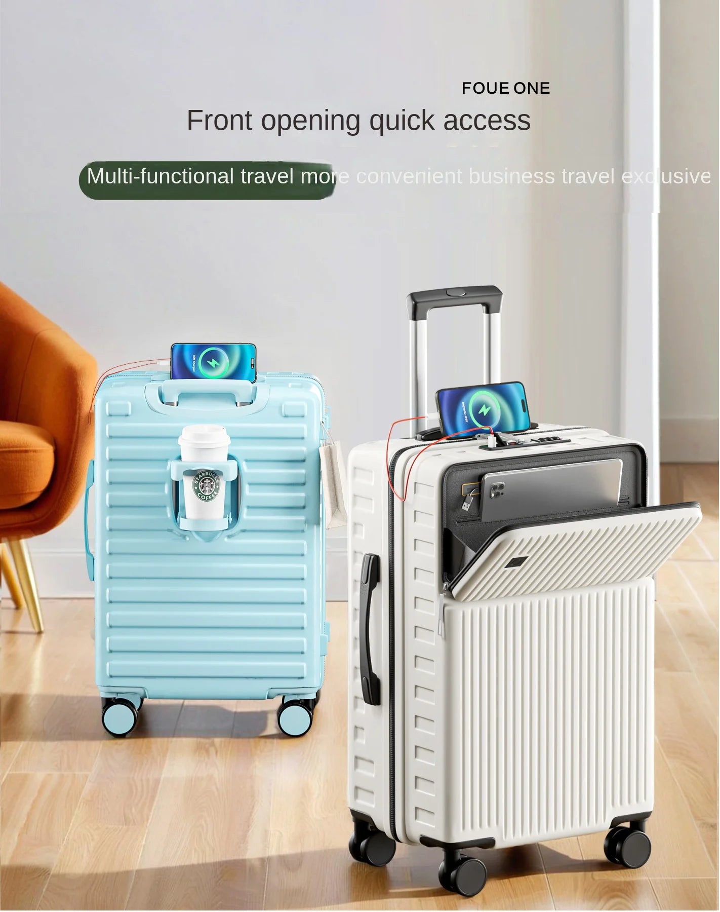 20"24"26 Inch Travel Suitcase Front Opening Luggage Laptop Boarding Case USB Charging Trolley Case with Wheels Carry on Luggage