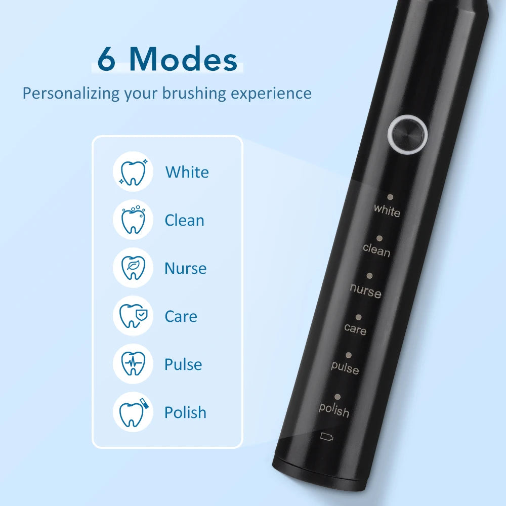 Electric Sonic Toothbrush 2-Minute Smart Timer 6 Modes  Deep Clean With 4 Brush Heads Oral Care Rechargeable for Adults