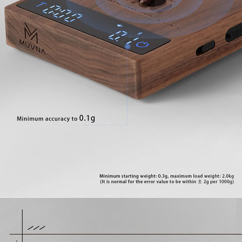 MUVNA Mini Digital Wood scale, Professional Electronic Coffee Scale for Espresso/Hand Drip Coffee 0.1g of high-precision, 2kg