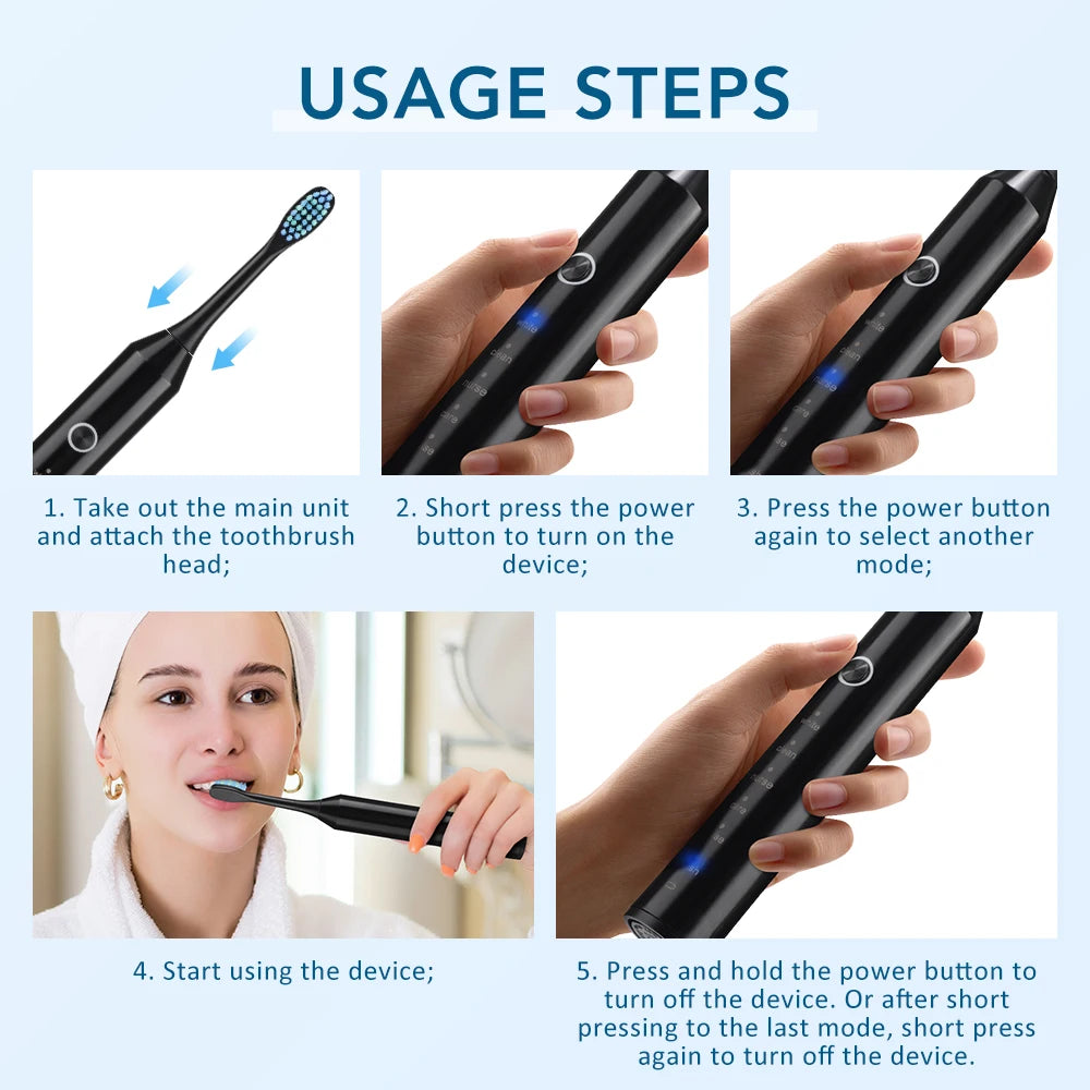 Electric Sonic Toothbrush 2-Minute Smart Timer 6 Modes  Deep Clean With 4 Brush Heads Oral Care Rechargeable for Adults