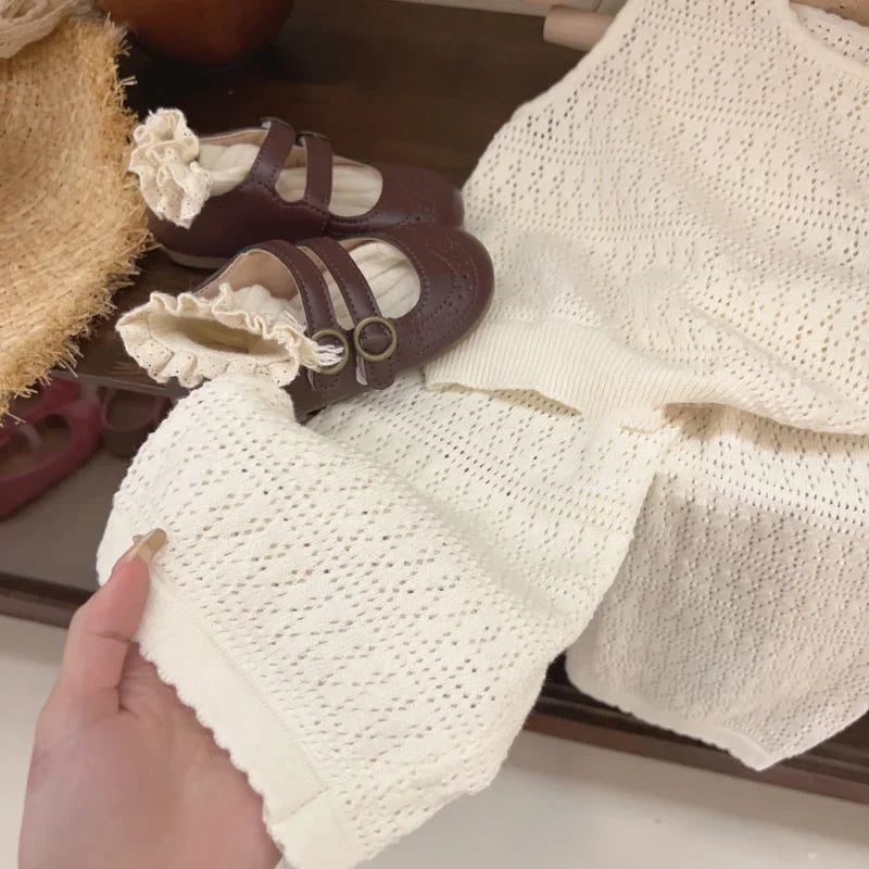 Girls Summer Clothing Set 2023 Kids Knitted Hollow Lace Suit Girl Fashion Breathable Vest + Wide Leg Pants Outfits Children Sets