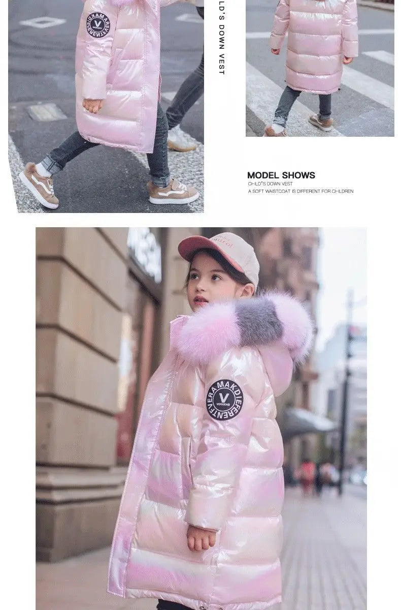 5-14 Years Old Winter Boys Girls Jacket Long Style Hooded Fur Collar Colorful Heavy Coat For Kids Children Outerwear