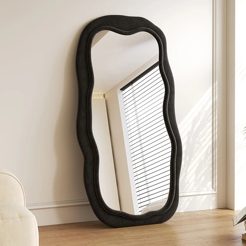 Creative full-body mirror household floor mirror light luxury special-shaped wave full-length mirror living room black advanced