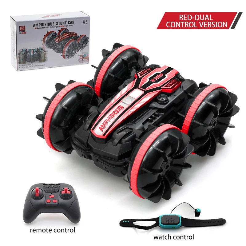 New LED Amphibious RC car Dual remote control waterproof stunt car double side flip drift drive 360 ° rotation rc cars Kids toy