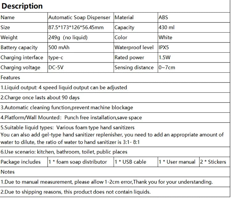 New Wall Mounted Automatic Soap Dispenser Foam Smart Hand Washing Machine 420ml Liquid Rechargeable Bathroom Induction Sensor
