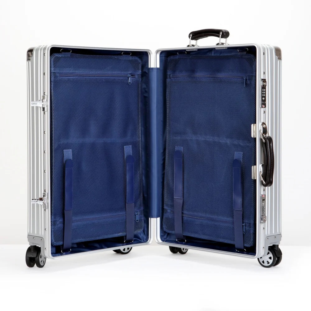 Top Quality Aluminum-Magnesium Alloy Vintage Suitcase, 20/24/26/29 Inch Lightweight Travel Trolley Luggage With Leather Handle