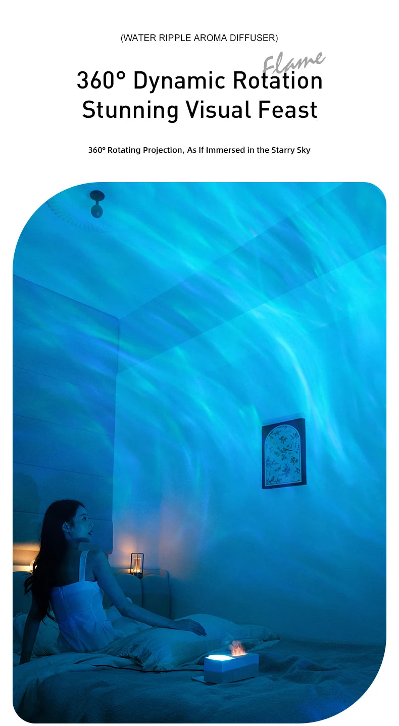 7 Colors Flame Aroma Diffuser with Rippling Water Wave Projector Lamp, 150ml USB Desktop Aromatherapy Air Humidifier for Home