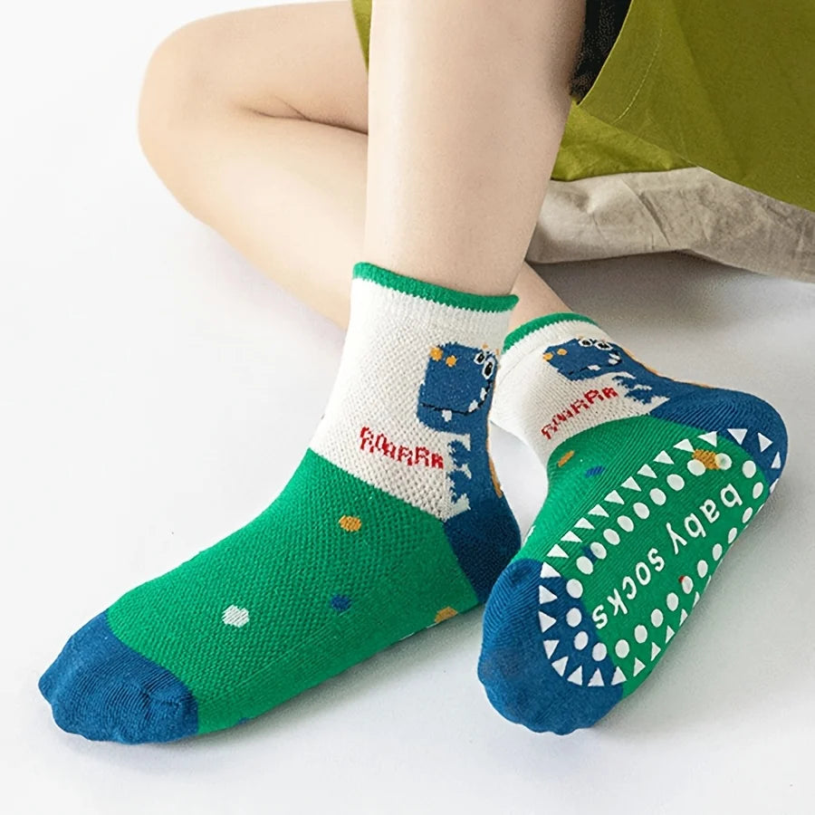 5 Pairs of Floor Socks Cartoon Glue Floor Socks Letter Stripes Animal Dinosaur Baby Socks for Boys and Girls Soft Bottom Indoor Non-Slip Socks Suitable for Daily Life