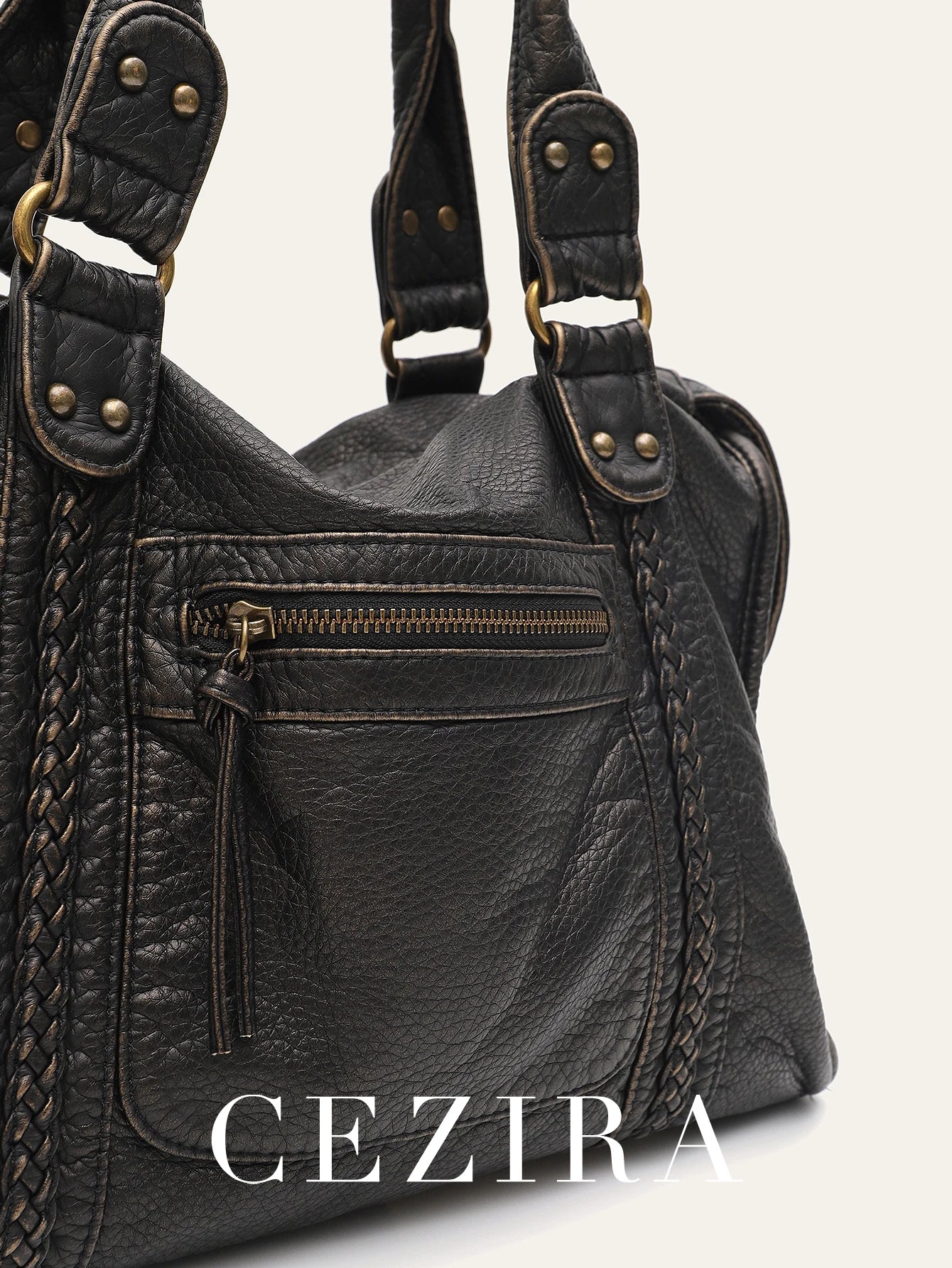 Vintage Washed PU Leather Large Capacity Tote Zip Pockets Braid Decor Shoulder Cross body Bag Unisex Women Daily Travel Handbag