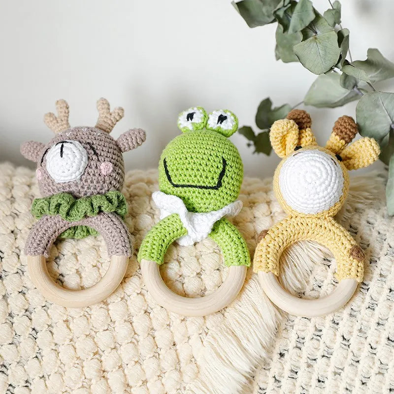 Let's Make Baby Rattles Crochet Bunny Rattle Toy Wood Ring Baby Teether Rodent Baby Gym Mobile Newborn Educational Rattles Toys