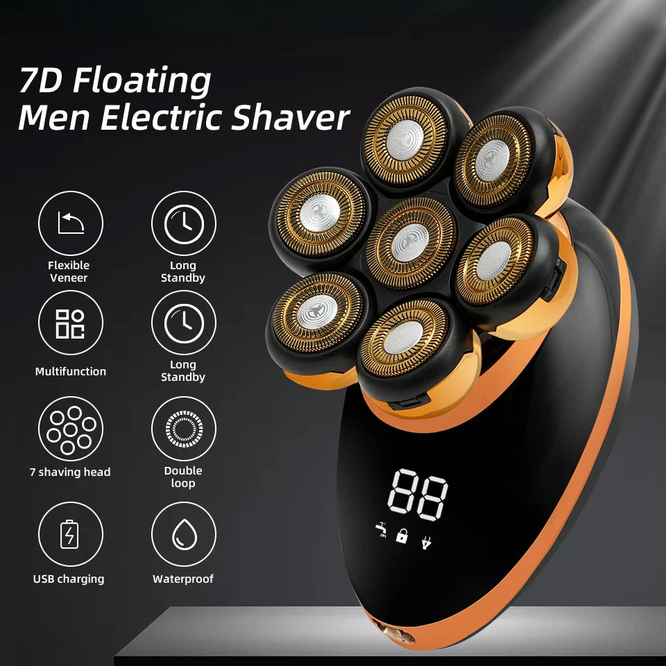 Men 7D Floating Men Electric Shaver Wet Dry Beard Hair Trimmer Electric Razor Rechargeable Bald Head Shaving Machine LCD Display