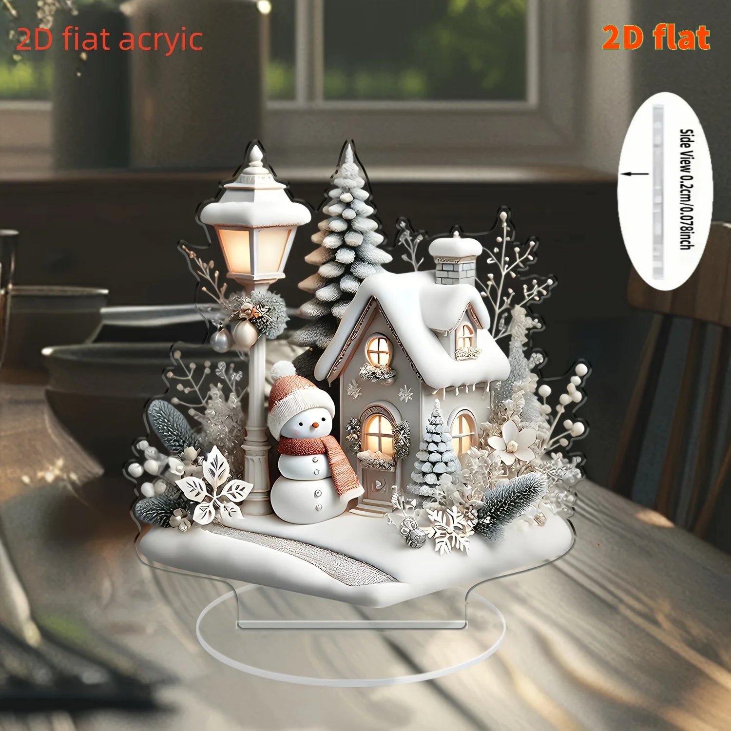 2D White Snow Scenery Christmas House Tree Acrylic Ornaments Base-Mounted Tabletop Home Office Attractive Festival Decor Gifts