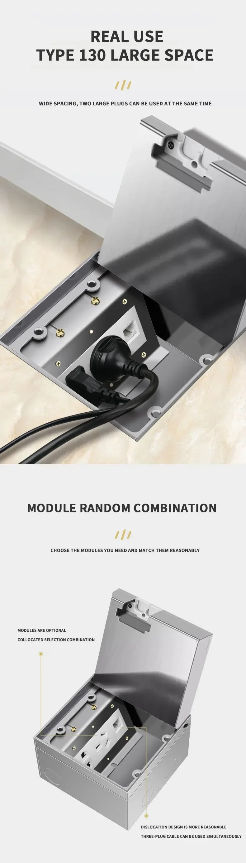 Modern Flat Floor Socket 130mm- Embedded with USB Ports, 304 Stainless Steel - Waterproof Integration with Marble Flooring