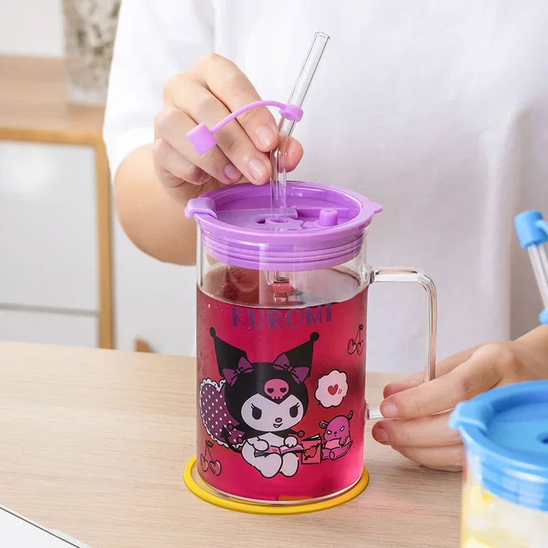 For Sanrio Collaboration Straw Glass Cup Transparent Coffee Mug Cartoon Print Water Cup with Scale＆Handle Home/Office Drinkware