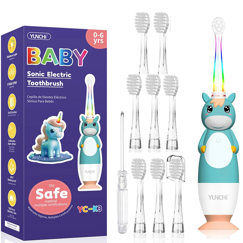 Toddler Sonic Electric Toothbrush for Baby with Cute Unicorn Cover and Smart LED Timer Soft Microfiber Bristles 4 Brush Heads