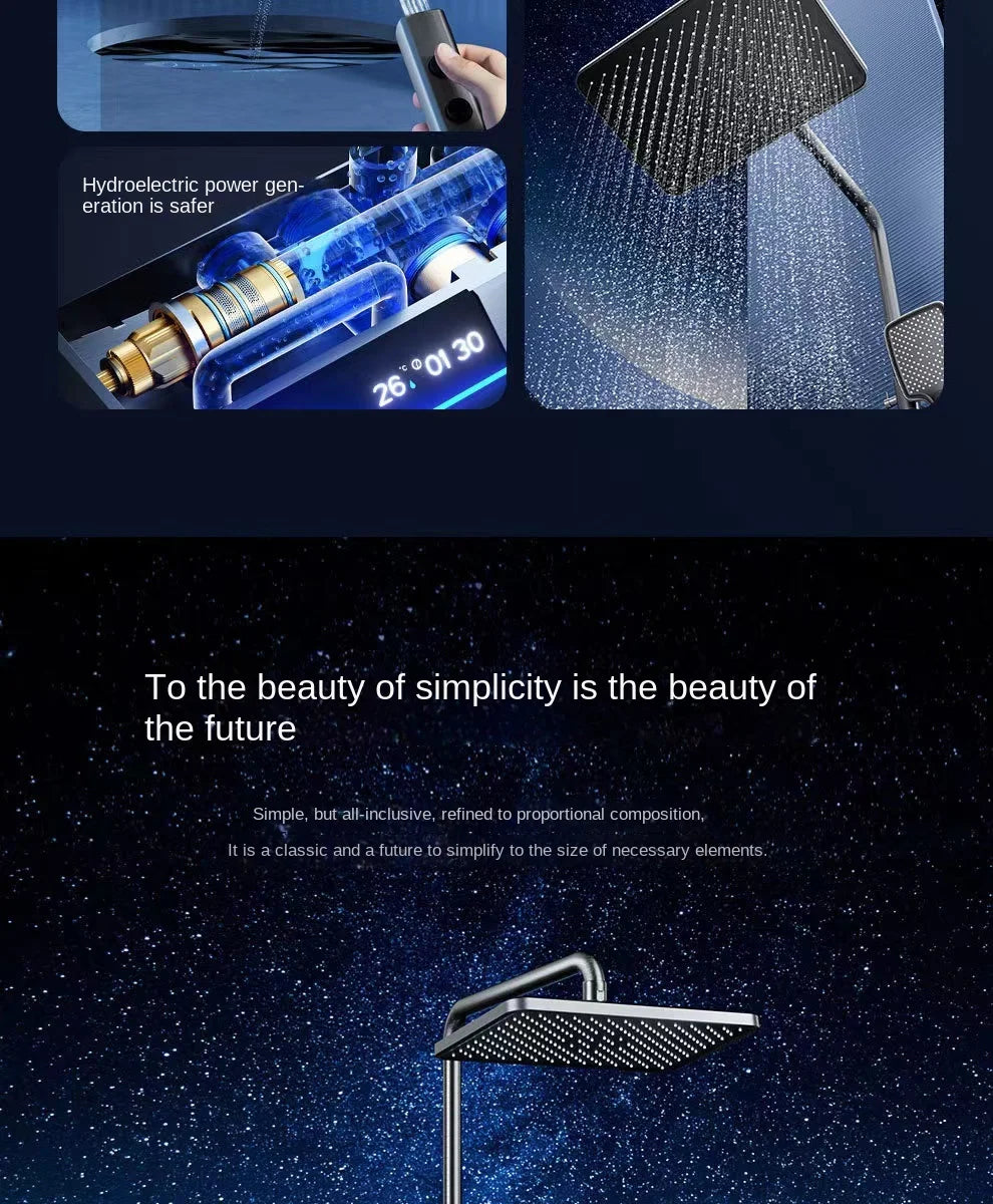 Luxury Wall Mounted Smart Button Digital Display Shower Set Thermostat System Glass Countertop Bathroom Brass Rain Shower Set