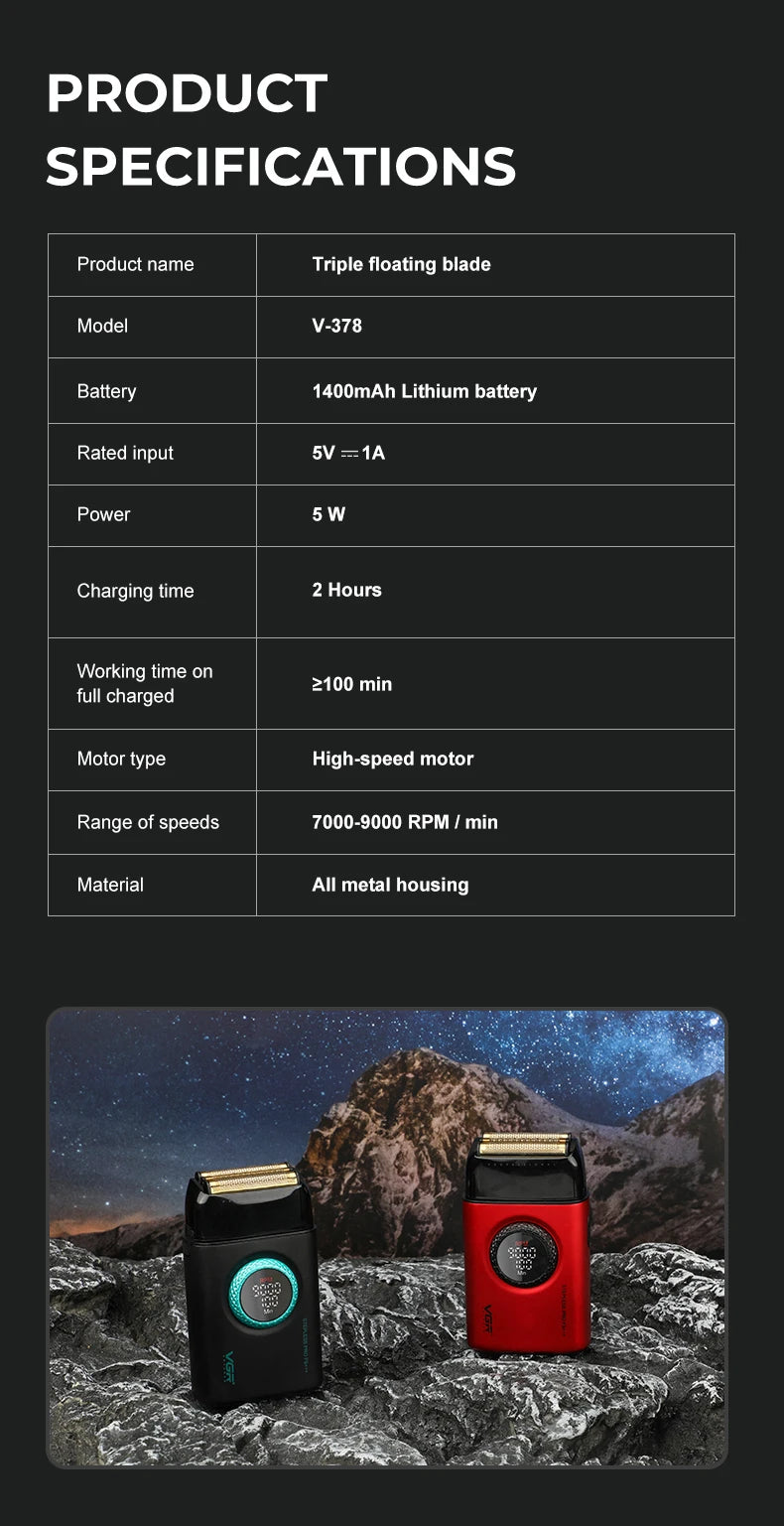 VGR high-end men's shaver alloy reciprocating three blade shaver LED intelligent digital display 9000 speed hair trimmer V-378